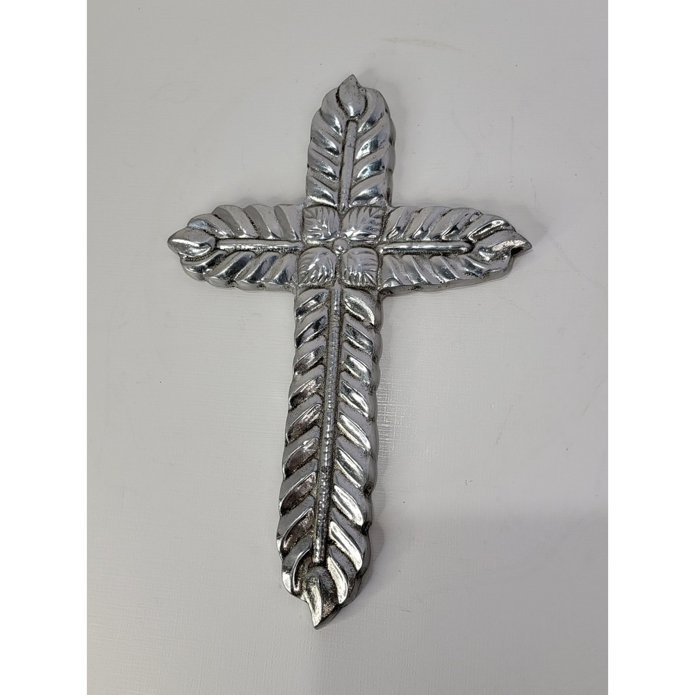 Silver Metal Feather Wall Cross Floral Center Religious Home Decor 8.5 Inch